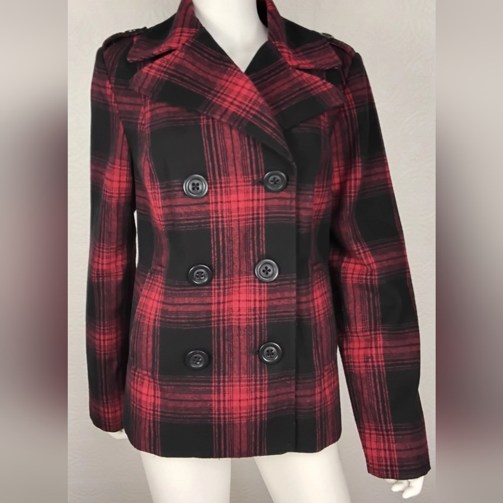 Old Navy Red and Black Plaid Peacoat